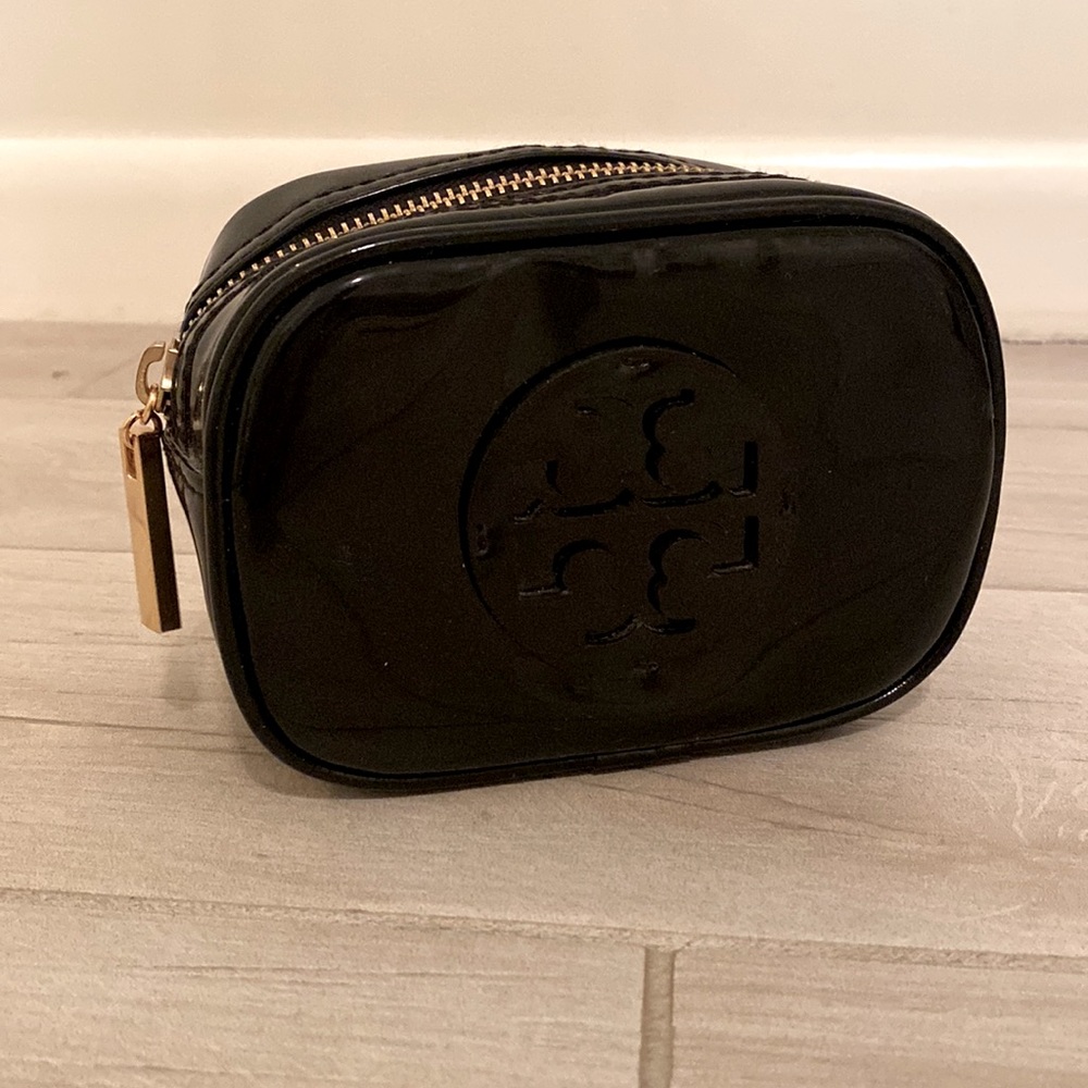 Tory Burch black patent cosmetic bag